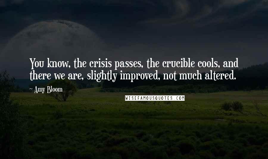 Amy Bloom Quotes: You know, the crisis passes, the crucible cools, and there we are, slightly improved, not much altered.