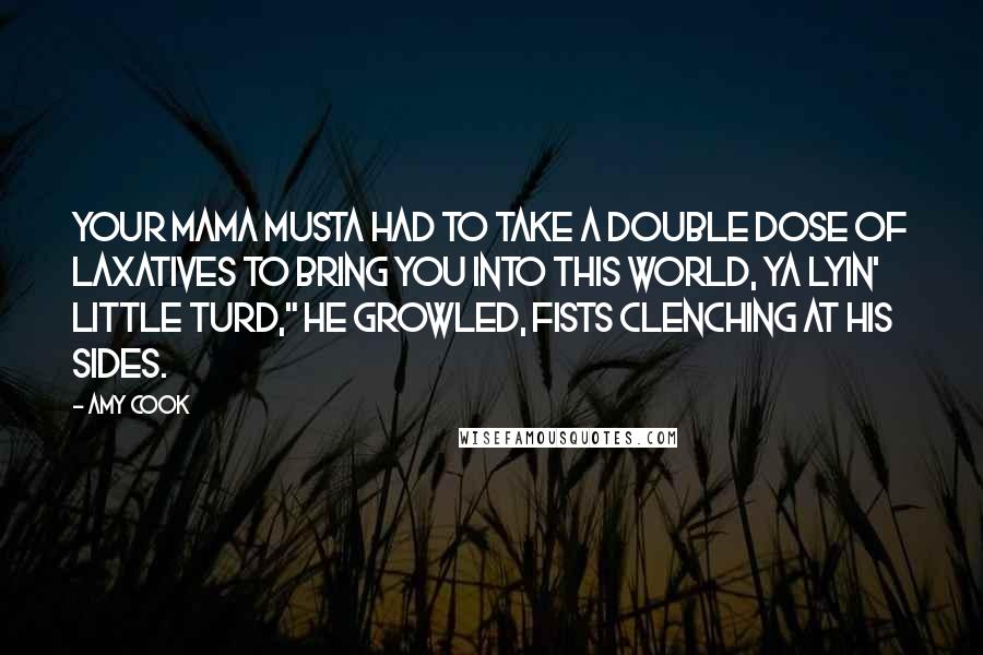 Amy Cook Quotes: Your mama musta had to take a double dose of laxatives to bring you into this world, ya lyin' little turd," he growled, fists clenching at his sides.