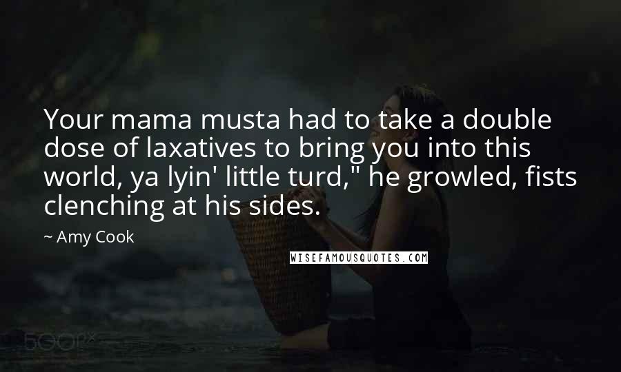Amy Cook Quotes: Your mama musta had to take a double dose of laxatives to bring you into this world, ya lyin' little turd," he growled, fists clenching at his sides.