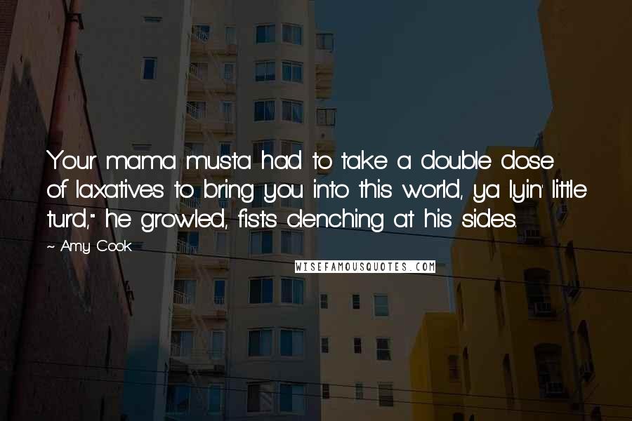 Amy Cook Quotes: Your mama musta had to take a double dose of laxatives to bring you into this world, ya lyin' little turd," he growled, fists clenching at his sides.