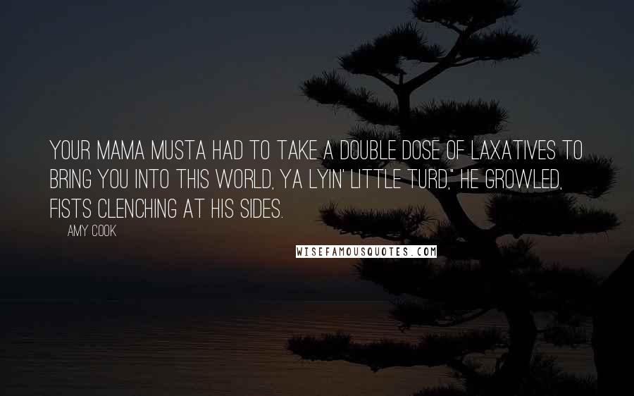 Amy Cook Quotes: Your mama musta had to take a double dose of laxatives to bring you into this world, ya lyin' little turd," he growled, fists clenching at his sides.