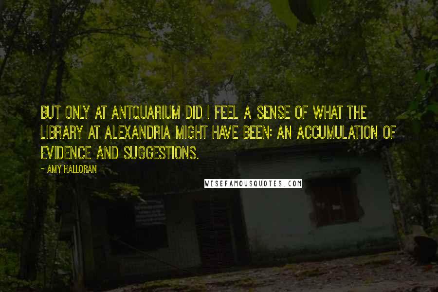 Amy Halloran Quotes: But only at Antquarium did I feel a sense of what the library at Alexandria might have been: an accumulation of evidence and suggestions.