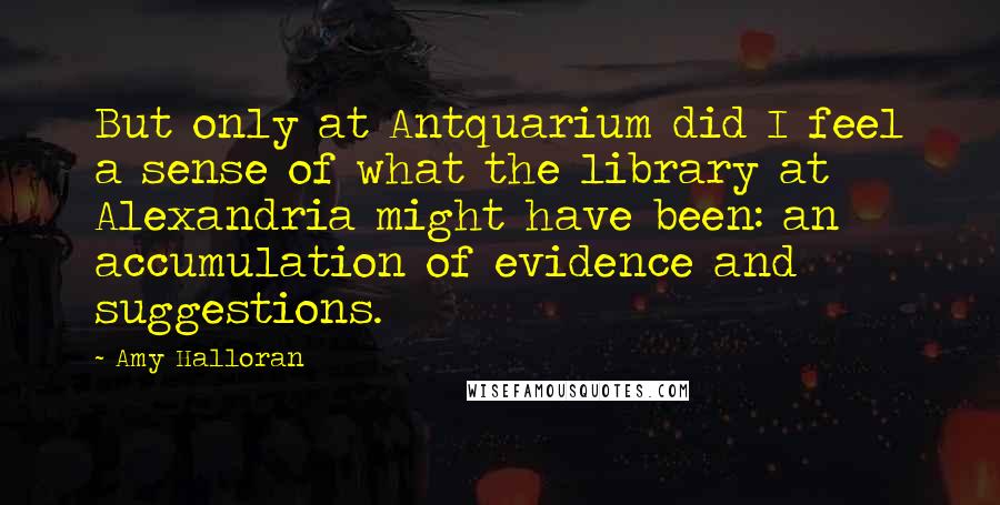 Amy Halloran Quotes: But only at Antquarium did I feel a sense of what the library at Alexandria might have been: an accumulation of evidence and suggestions.