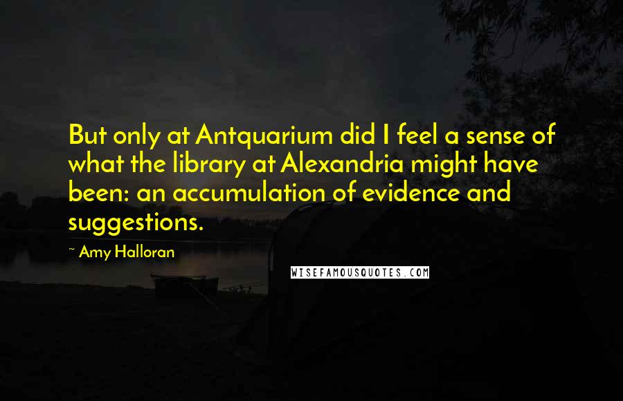 Amy Halloran Quotes: But only at Antquarium did I feel a sense of what the library at Alexandria might have been: an accumulation of evidence and suggestions.