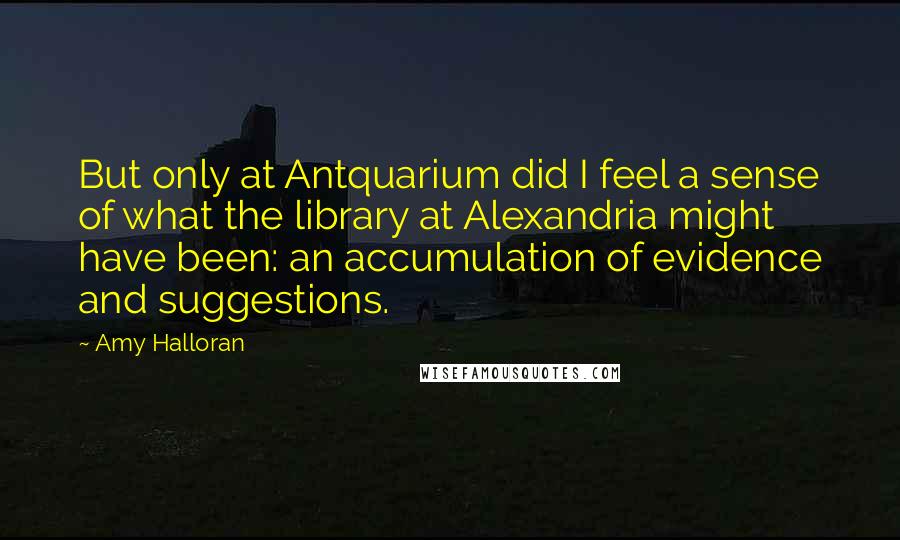 Amy Halloran Quotes: But only at Antquarium did I feel a sense of what the library at Alexandria might have been: an accumulation of evidence and suggestions.