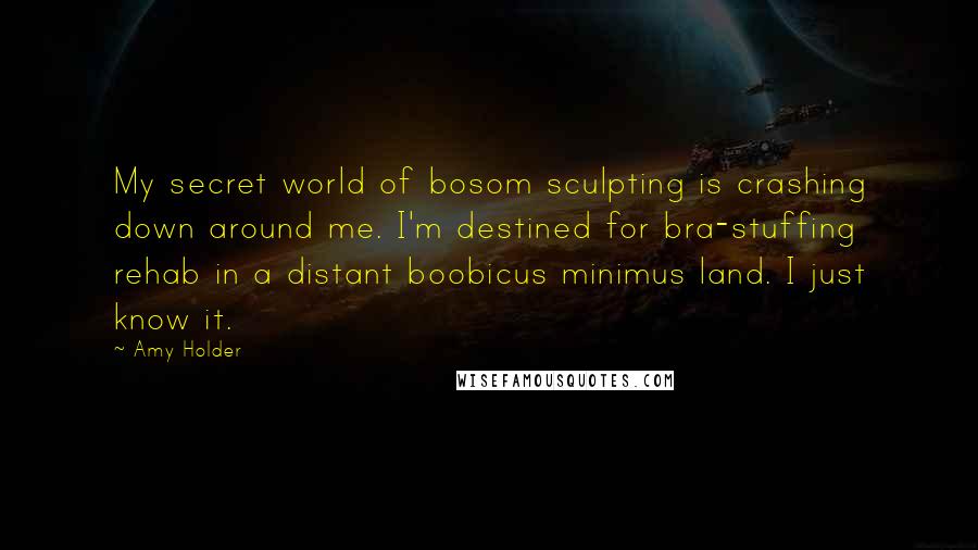 Amy Holder Quotes: My secret world of bosom sculpting is crashing down around me. I'm destined for bra-stuffing rehab in a distant boobicus minimus land. I just know it.