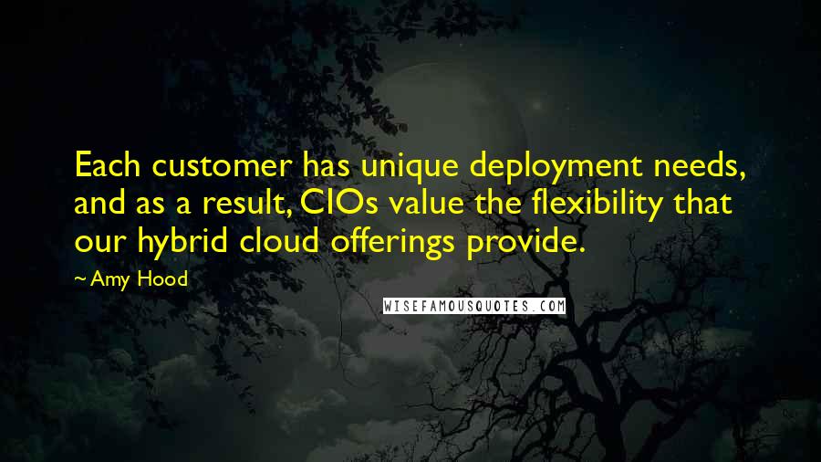 Amy Hood Quotes: Each customer has unique deployment needs, and as a result, CIOs value the flexibility that our hybrid cloud offerings provide.