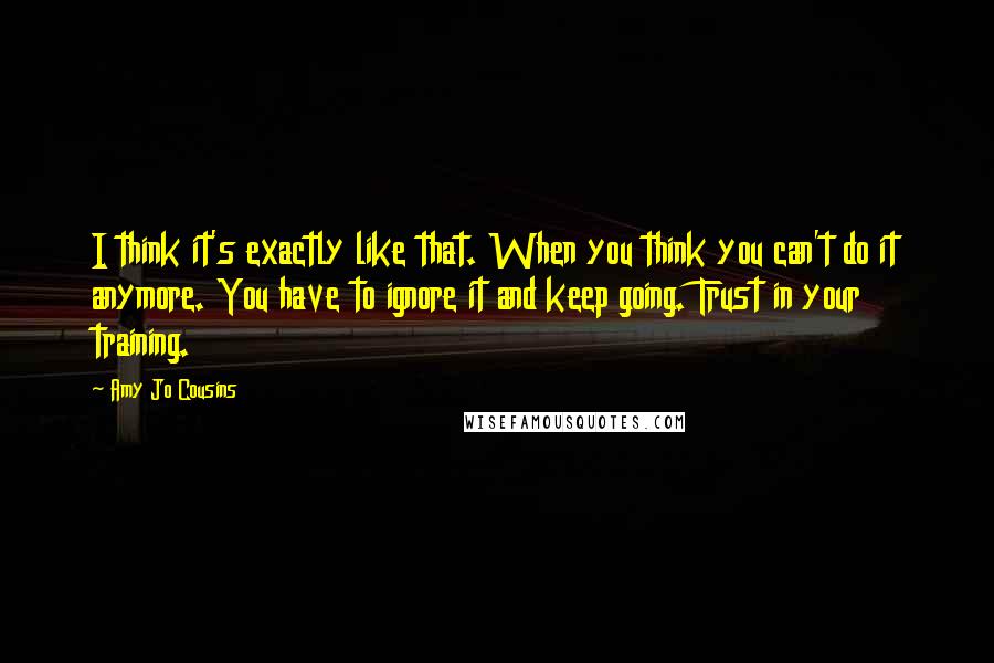 Amy Jo Cousins Quotes: I think it's exactly like that. When you think you can't do it anymore. You have to ignore it and keep going. Trust in your training.