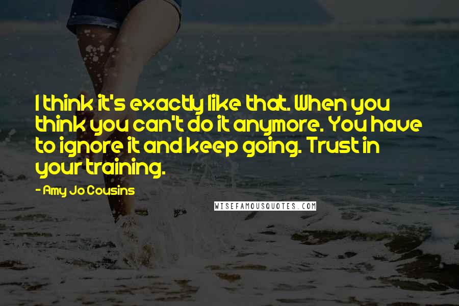 Amy Jo Cousins Quotes: I think it's exactly like that. When you think you can't do it anymore. You have to ignore it and keep going. Trust in your training.