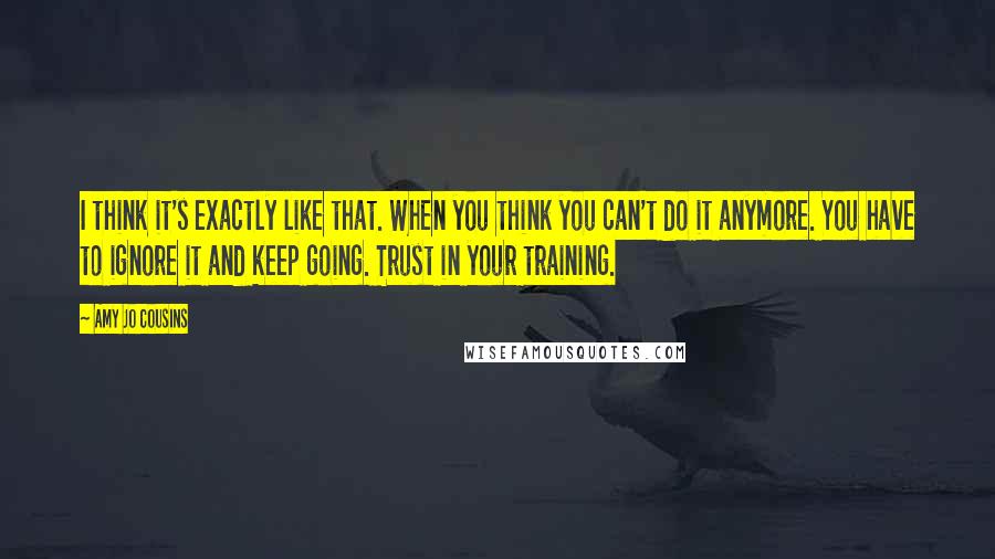 Amy Jo Cousins Quotes: I think it's exactly like that. When you think you can't do it anymore. You have to ignore it and keep going. Trust in your training.