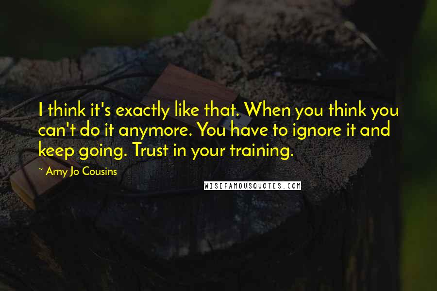 Amy Jo Cousins Quotes: I think it's exactly like that. When you think you can't do it anymore. You have to ignore it and keep going. Trust in your training.