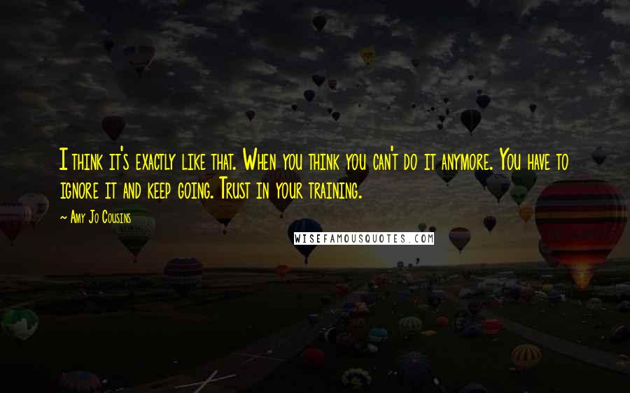 Amy Jo Cousins Quotes: I think it's exactly like that. When you think you can't do it anymore. You have to ignore it and keep going. Trust in your training.