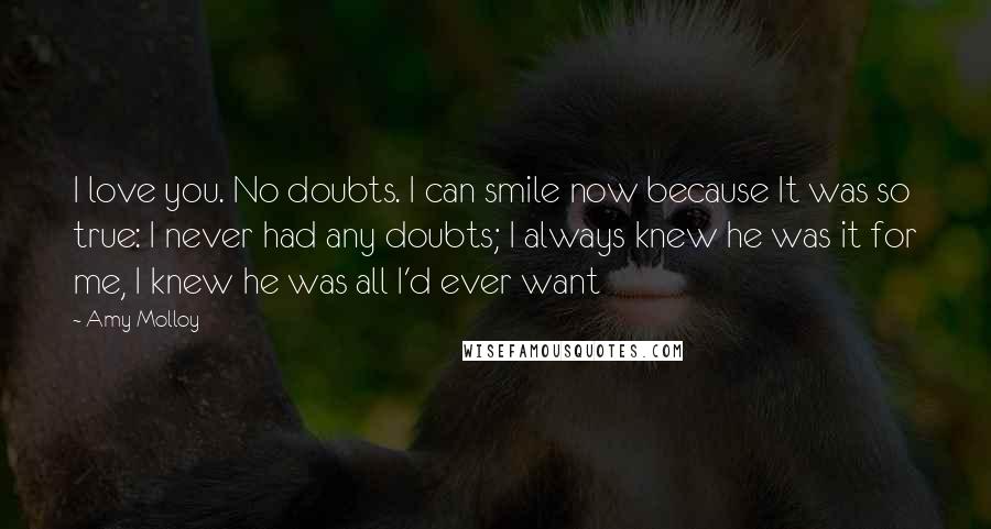 Amy Molloy Quotes: I love you. No doubts. I can smile now because It was so true: I never had any doubts; I always knew he was it for me, I knew he was all I'd ever want