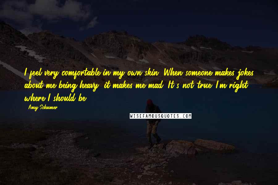 Amy Schumer Quotes: I feel very comfortable in my own skin. When someone makes jokes about me being heavy, it makes me mad. It's not true. I'm right where I should be.