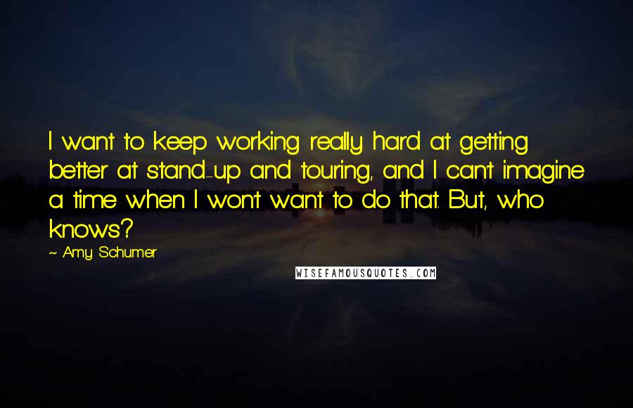 Amy Schumer Quotes: I want to keep working really hard at getting better at stand-up and touring, and I can't imagine a time when I won't want to do that. But, who knows?