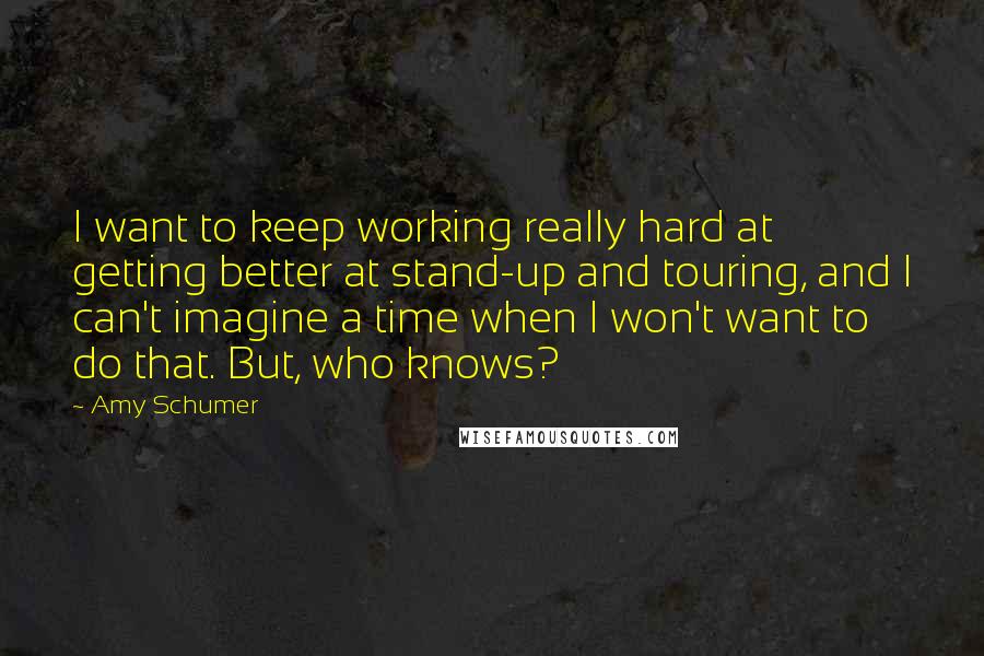 Amy Schumer Quotes: I want to keep working really hard at getting better at stand-up and touring, and I can't imagine a time when I won't want to do that. But, who knows?