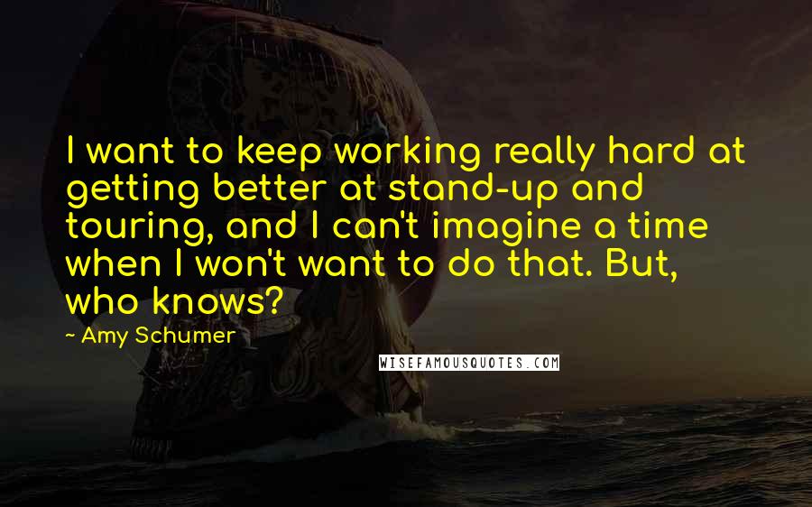 Amy Schumer Quotes: I want to keep working really hard at getting better at stand-up and touring, and I can't imagine a time when I won't want to do that. But, who knows?