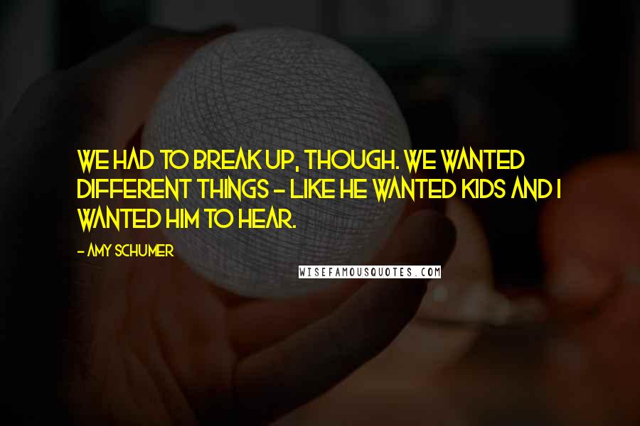 Amy Schumer Quotes: We had to break up, though. We wanted different things - like he wanted kids and I wanted him to hear.