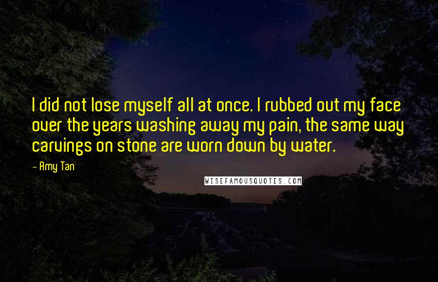 Amy Tan Quotes: I did not lose myself all at once. I rubbed out my face over the years washing away my pain, the same way carvings on stone are worn down by water.