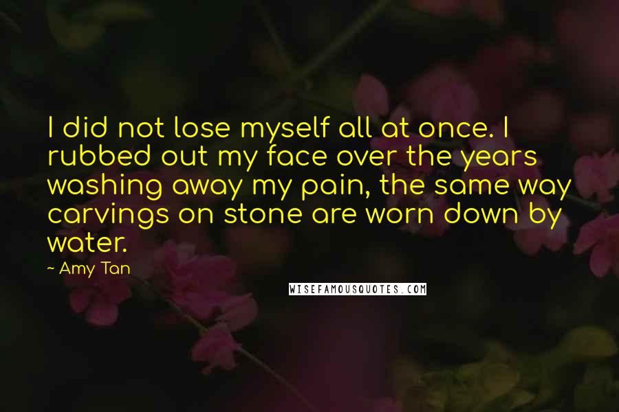 Amy Tan Quotes: I did not lose myself all at once. I rubbed out my face over the years washing away my pain, the same way carvings on stone are worn down by water.