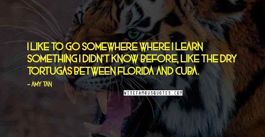 Amy Tan Quotes: I like to go somewhere where I learn something I didn't know before, like the Dry Tortugas between Florida and Cuba.