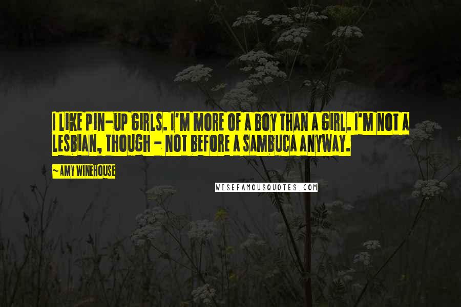 Amy Winehouse Quotes: I like pin-up girls. I'm more of a boy than a girl. I'm not a lesbian, though - not before a sambuca anyway.