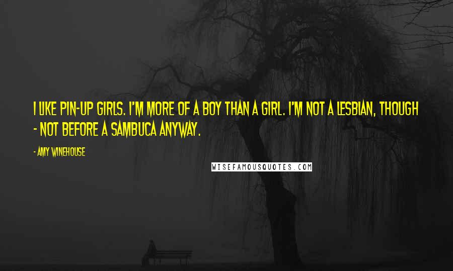 Amy Winehouse Quotes: I like pin-up girls. I'm more of a boy than a girl. I'm not a lesbian, though - not before a sambuca anyway.