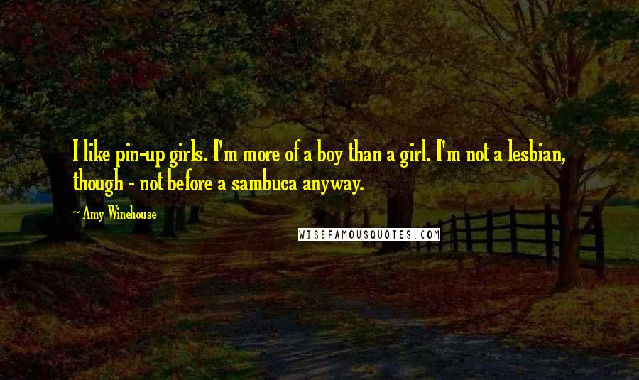 Amy Winehouse Quotes: I like pin-up girls. I'm more of a boy than a girl. I'm not a lesbian, though - not before a sambuca anyway.