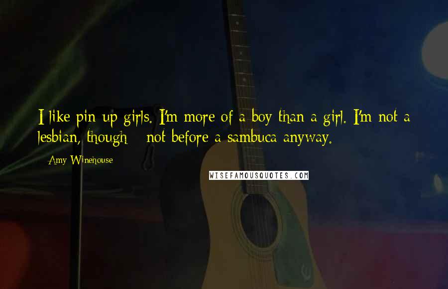 Amy Winehouse Quotes: I like pin-up girls. I'm more of a boy than a girl. I'm not a lesbian, though - not before a sambuca anyway.