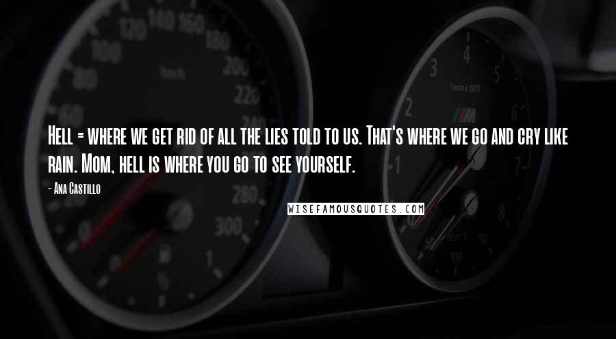 Ana Castillo Quotes: Hell = where we get rid of all the lies told to us. That's where we go and cry like rain. Mom, hell is where you go to see yourself.