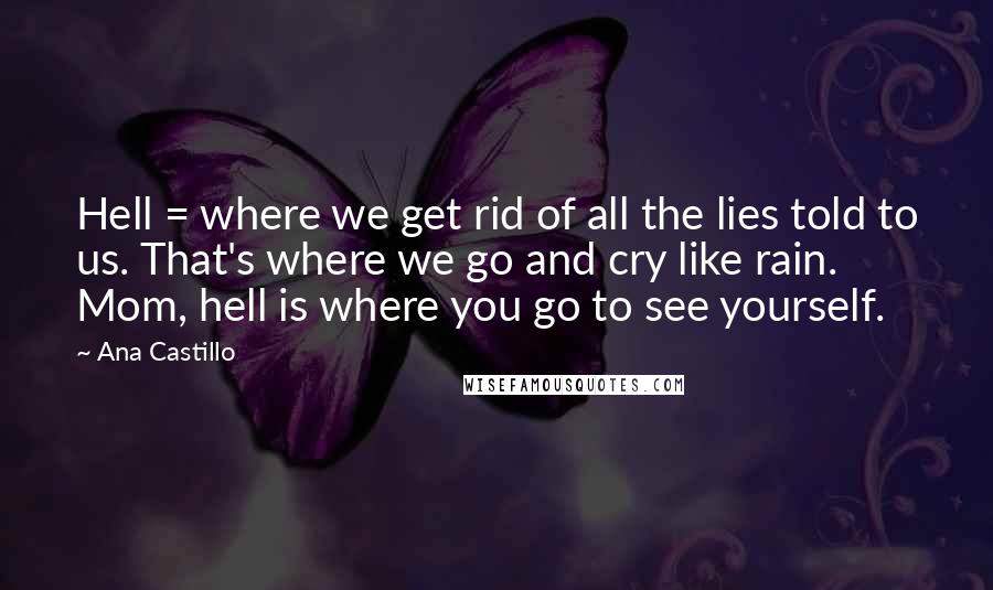 Ana Castillo Quotes: Hell = where we get rid of all the lies told to us. That's where we go and cry like rain. Mom, hell is where you go to see yourself.