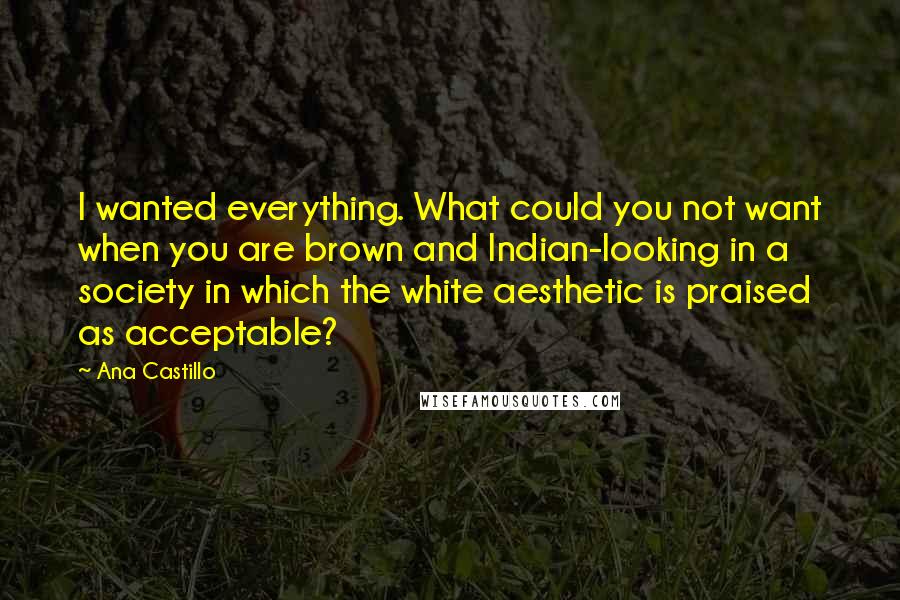 Ana Castillo Quotes: I wanted everything. What could you not want when you are brown and Indian-looking in a society in which the white aesthetic is praised as acceptable?