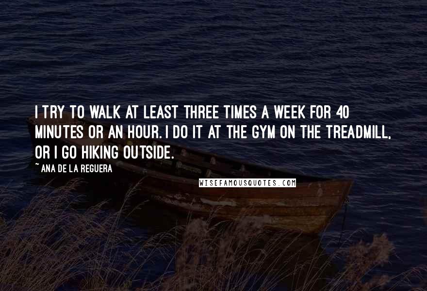 Ana De La Reguera Quotes: I try to walk at least three times a week for 40 minutes or an hour. I do it at the gym on the treadmill, or I go hiking outside.