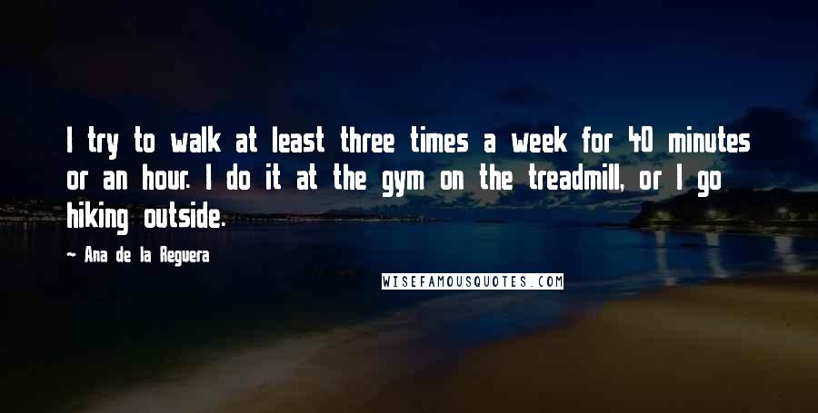 Ana De La Reguera Quotes: I try to walk at least three times a week for 40 minutes or an hour. I do it at the gym on the treadmill, or I go hiking outside.