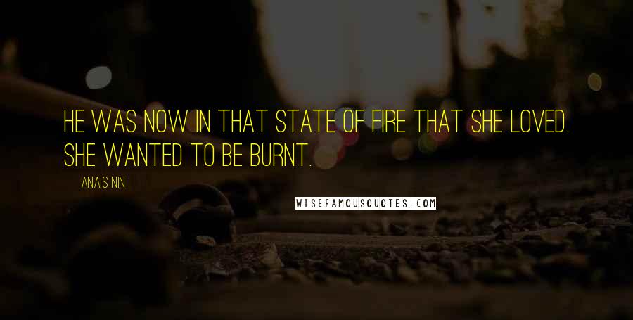 Anais Nin Quotes: He was now in that state of fire that she loved. She wanted to be burnt.