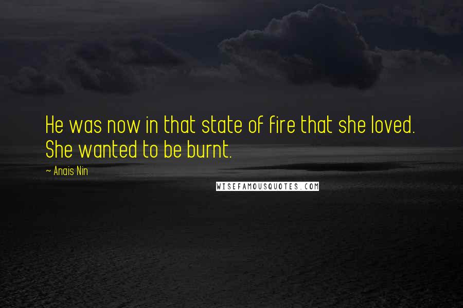 Anais Nin Quotes: He was now in that state of fire that she loved. She wanted to be burnt.