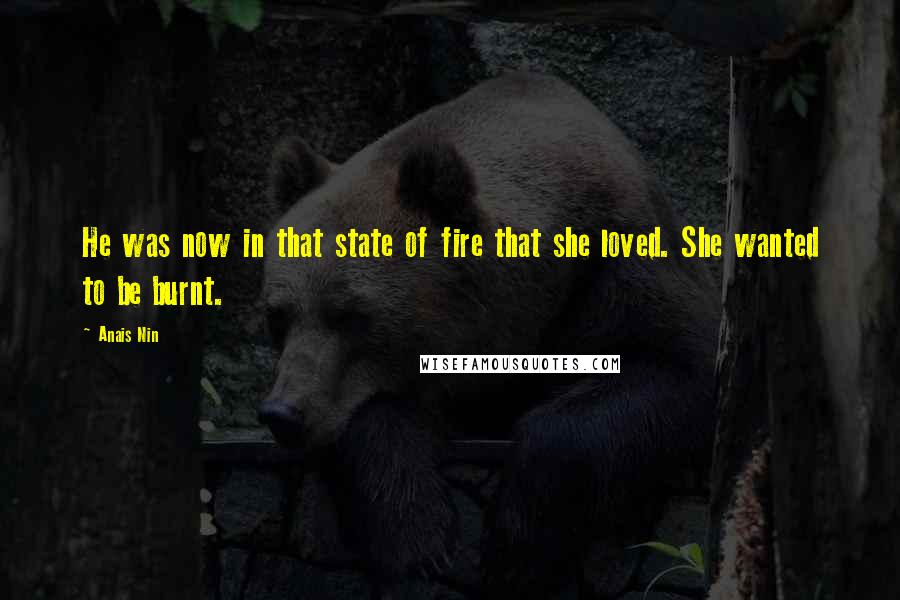 Anais Nin Quotes: He was now in that state of fire that she loved. She wanted to be burnt.