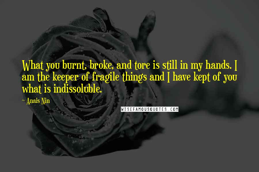 Anais Nin Quotes: What you burnt, broke, and tore is still in my hands. I am the keeper of fragile things and I have kept of you what is indissoluble.