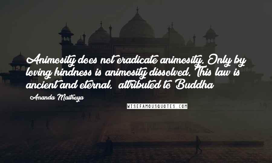 Ananda Maitreya Quotes: Animosity does not eradicate animosity. Only by loving kindness is animosity dissolved. This law is ancient and eternal. (attributed to Buddha)