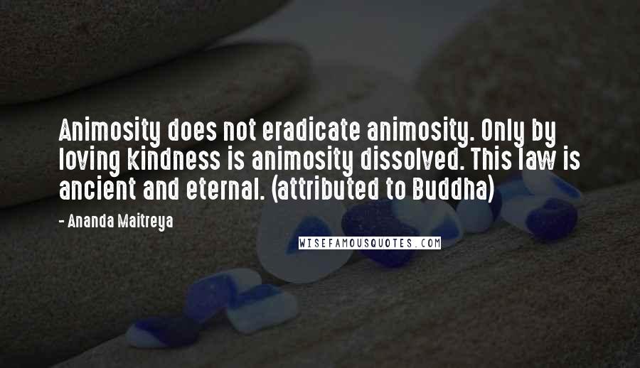 Ananda Maitreya Quotes: Animosity does not eradicate animosity. Only by loving kindness is animosity dissolved. This law is ancient and eternal. (attributed to Buddha)