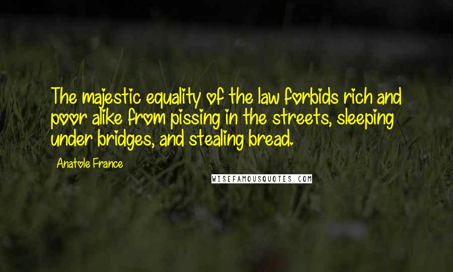 Anatole France Quotes: The majestic equality of the law forbids rich and poor alike from pissing in the streets, sleeping under bridges, and stealing bread.