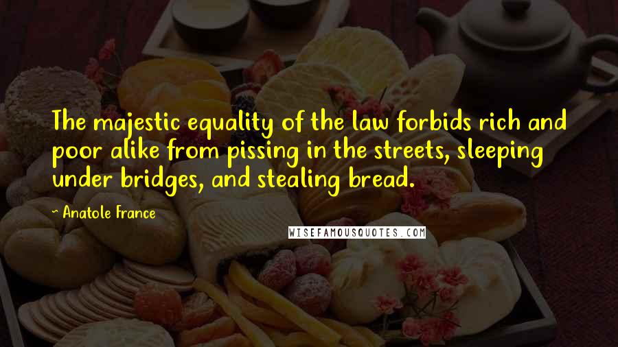 Anatole France Quotes: The majestic equality of the law forbids rich and poor alike from pissing in the streets, sleeping under bridges, and stealing bread.