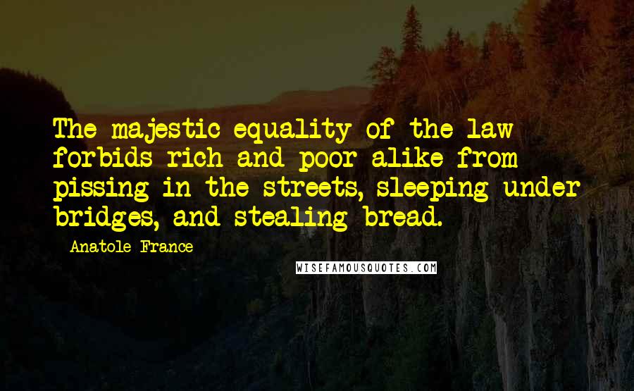 Anatole France Quotes: The majestic equality of the law forbids rich and poor alike from pissing in the streets, sleeping under bridges, and stealing bread.