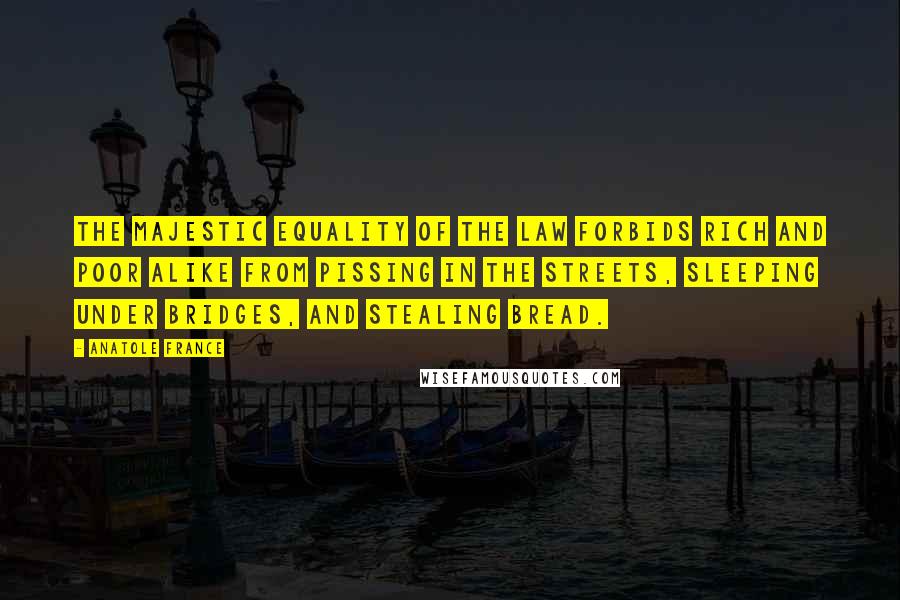 Anatole France Quotes: The majestic equality of the law forbids rich and poor alike from pissing in the streets, sleeping under bridges, and stealing bread.
