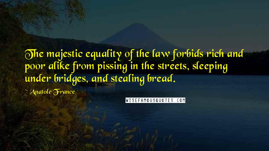 Anatole France Quotes: The majestic equality of the law forbids rich and poor alike from pissing in the streets, sleeping under bridges, and stealing bread.