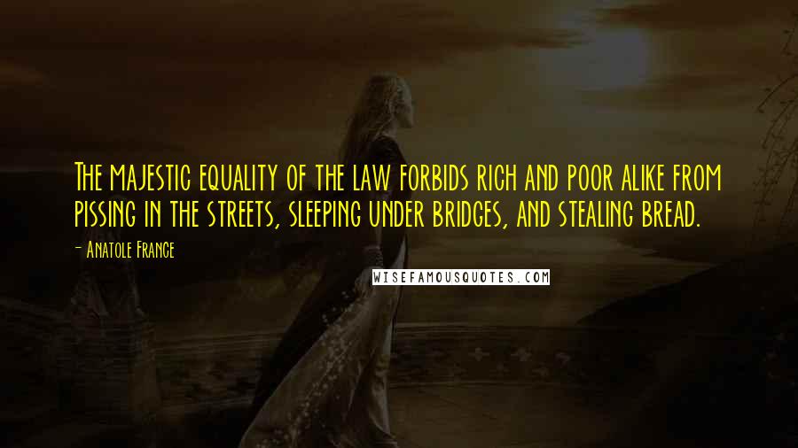 Anatole France Quotes: The majestic equality of the law forbids rich and poor alike from pissing in the streets, sleeping under bridges, and stealing bread.