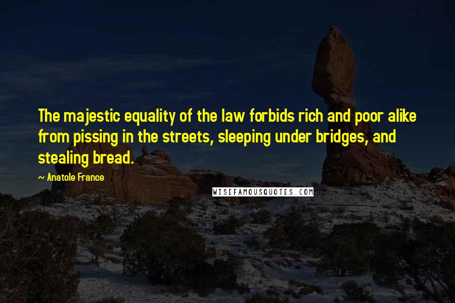 Anatole France Quotes: The majestic equality of the law forbids rich and poor alike from pissing in the streets, sleeping under bridges, and stealing bread.