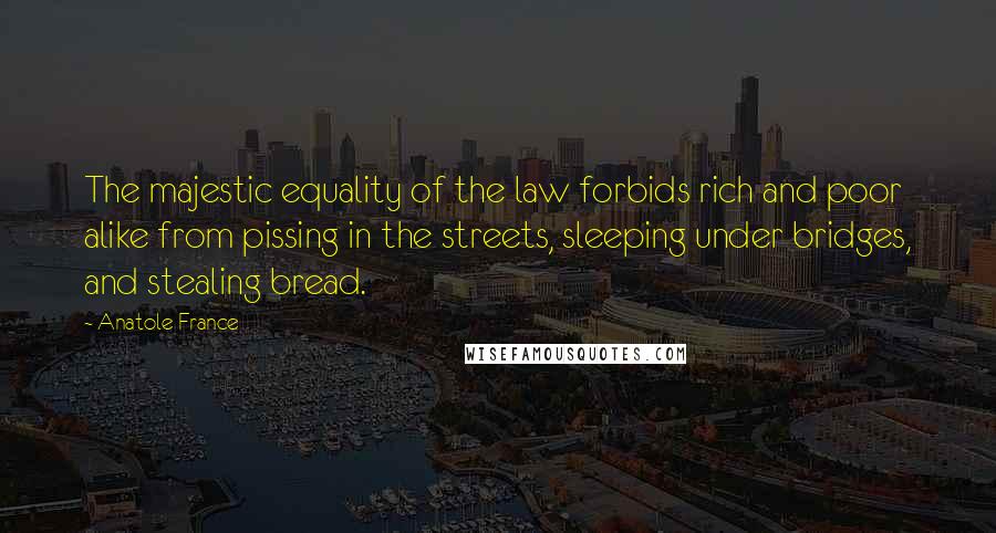 Anatole France Quotes: The majestic equality of the law forbids rich and poor alike from pissing in the streets, sleeping under bridges, and stealing bread.