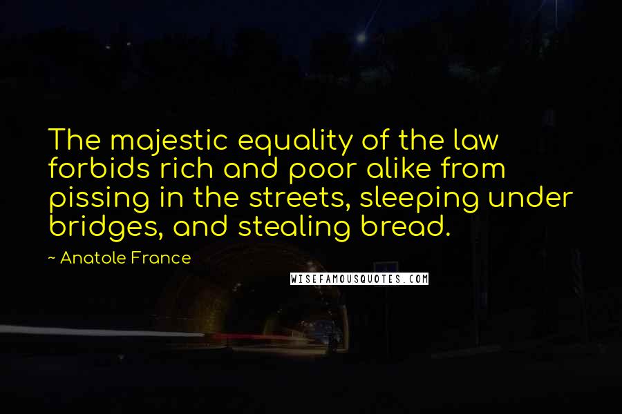 Anatole France Quotes: The majestic equality of the law forbids rich and poor alike from pissing in the streets, sleeping under bridges, and stealing bread.