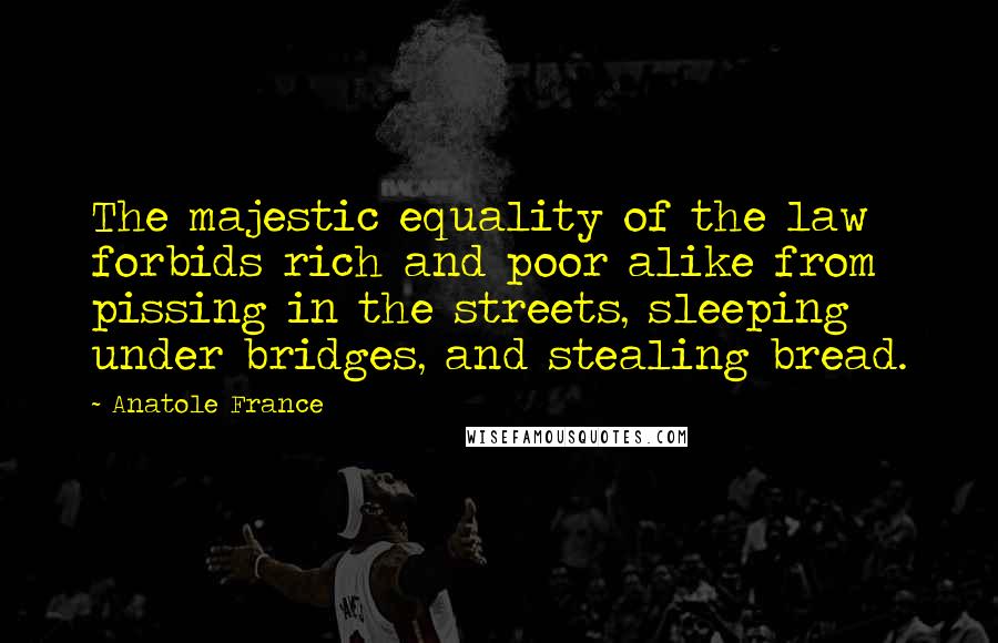 Anatole France Quotes: The majestic equality of the law forbids rich and poor alike from pissing in the streets, sleeping under bridges, and stealing bread.